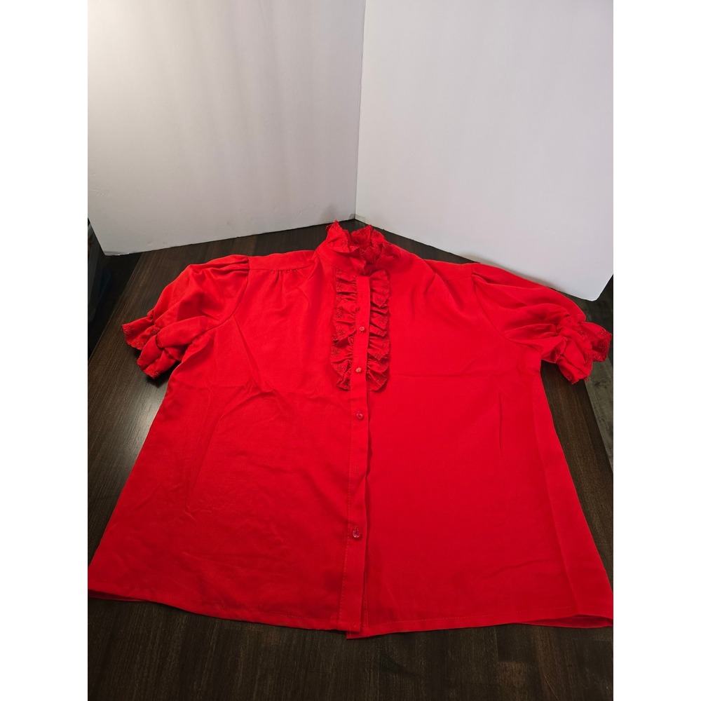 Vintage StyleTrix Red Ruffle High Neck Blouse Short Sleeve Embroidered Size 42